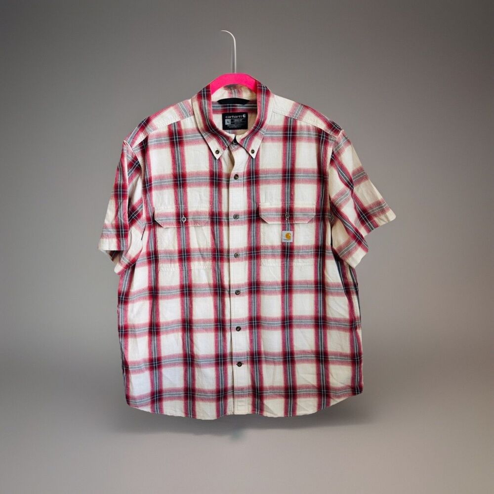 Carhartt XL Short Sleeve Plaid Shirt Red White Loose Fit Workwear Button Up - Picture 1 of 8